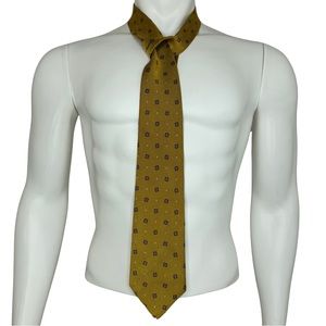 LAUREN RALPH LAUREN Men’s Suit Tie 100% Silk Gold and Blue Geometric